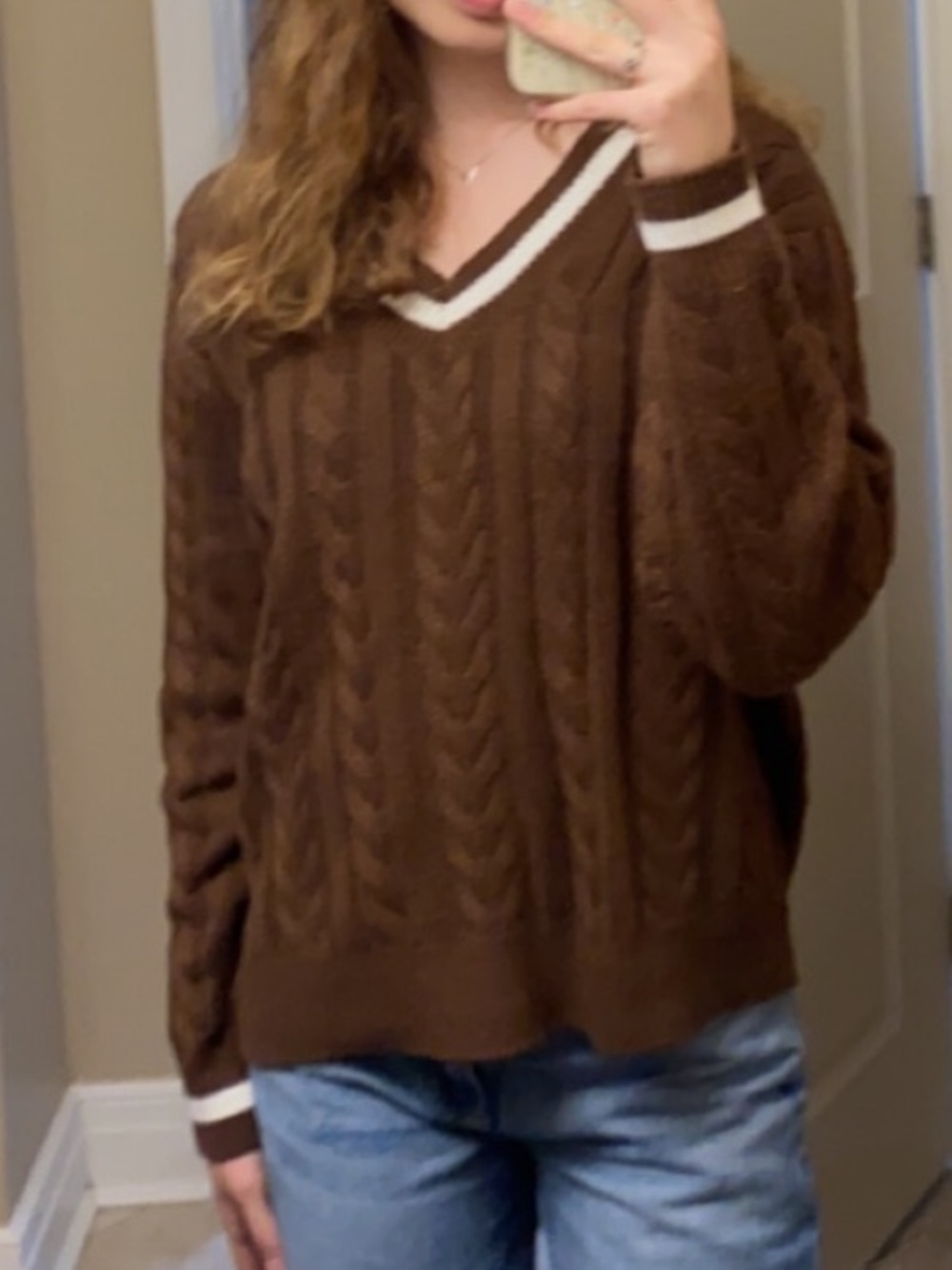 Brown V-Neck Cable Knit Women's Sweater with Contrast Trim